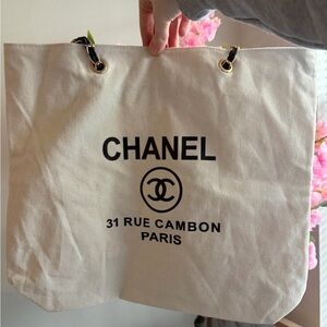 Chanel Beige Canvas Tote with Black Accents - New in Bag